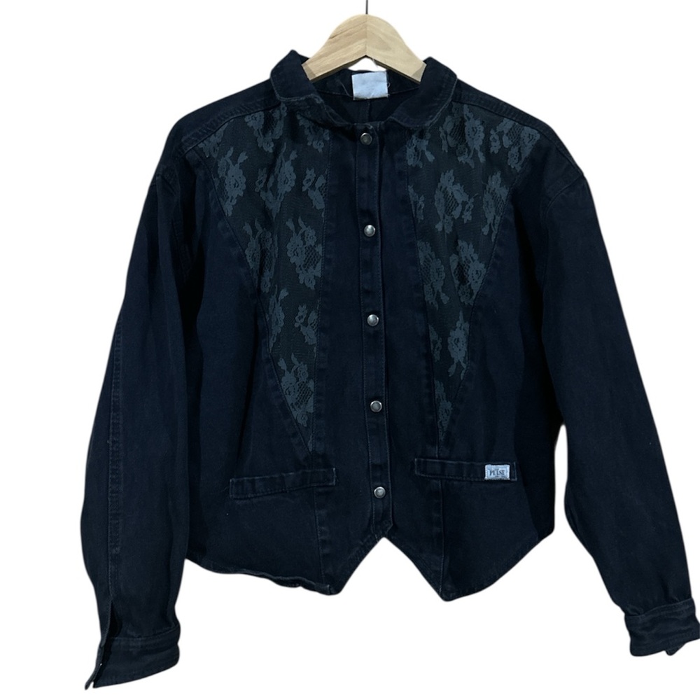Vintage PULSE Snap Button+Lace Detail Black Denim Jean Jacket size M